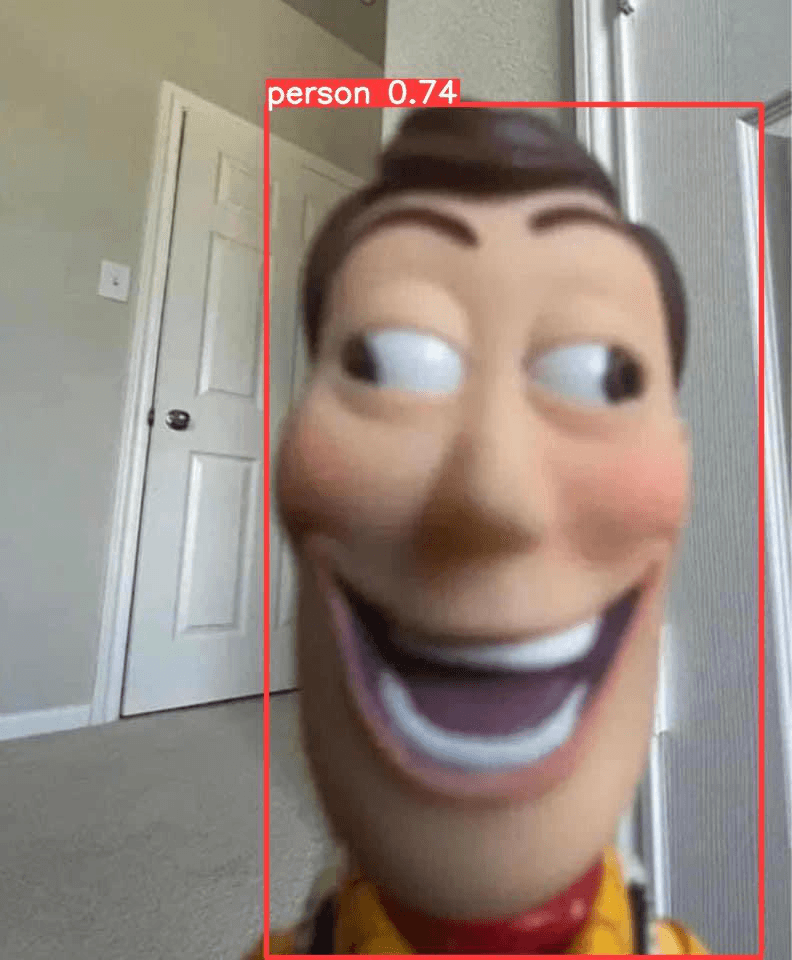 A Woody toy close up, boxed by the detector as person with confidence 0.74
